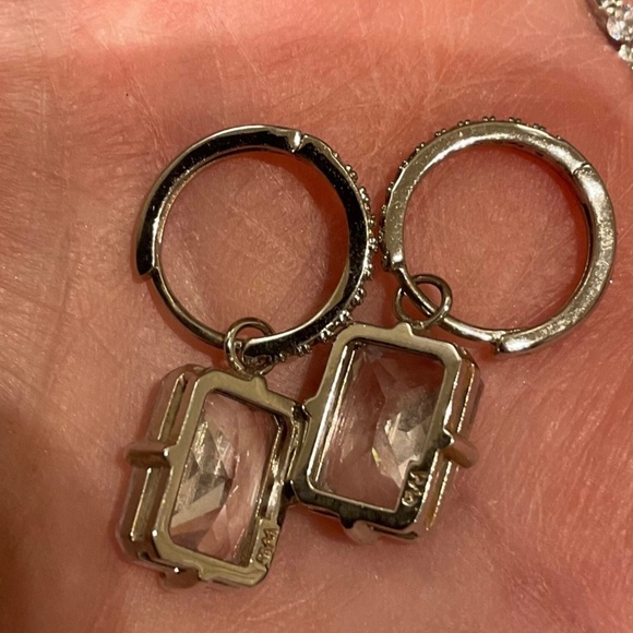 Simulated Diamond Square Dangle Drop Earrings Melinda Maria Silver Tone - Picture 3 of 3